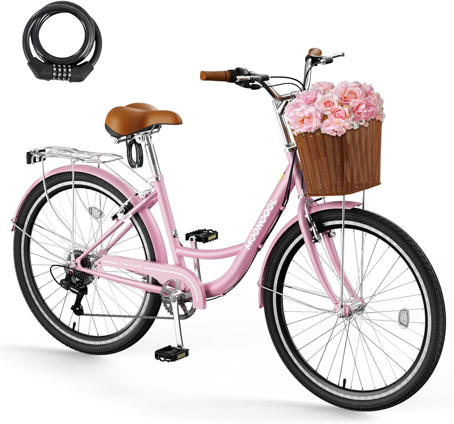 DoCred 24/26 Inch Adult Bicycle, 7 Speed Women's City Bike, Lightweight Adult Bike Beach Complete Cruiser Bike for Women, Womens Commuter Bicycle with Rattan Front Basket & Lock