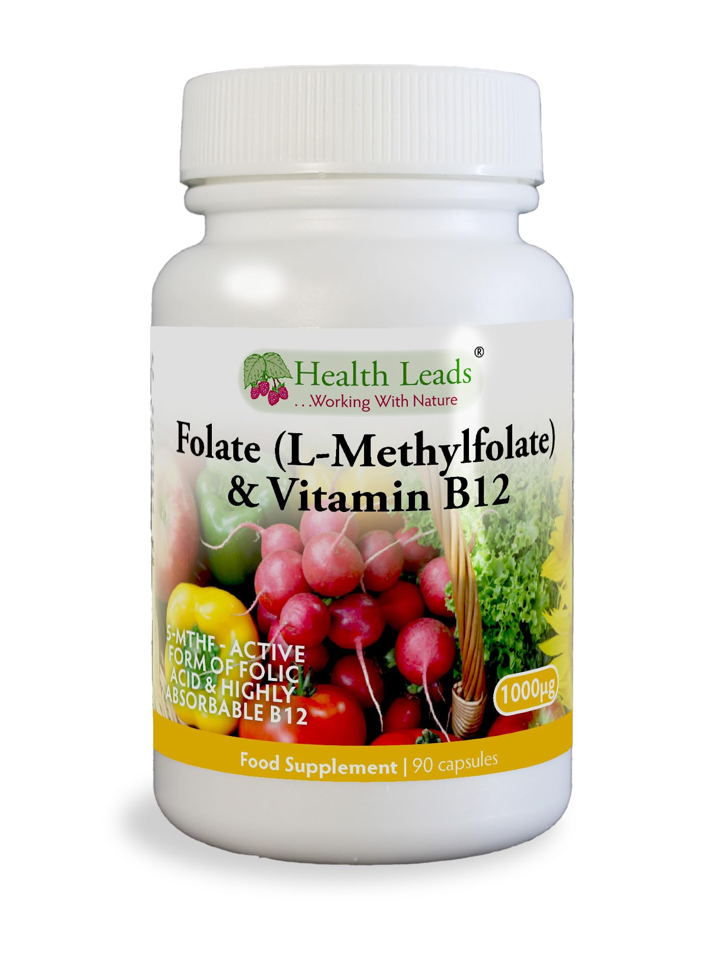Folate 500mcg & Vitamin B12 500mcg x 90 caps (No Magnesium Stearate)