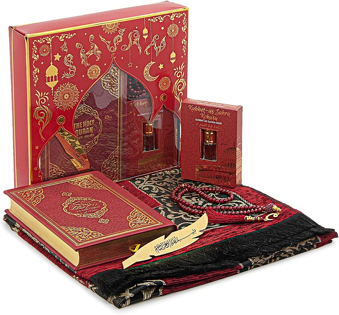 ihvan online Prayer Gift Set for Hajj and Umrah, Muslim Prayer Rug, Prayer Mat, Beads Taasbih, Holy Quran Translated English, Muslim Praying Mat, Islamic Gift Set for Ramadan & Eid, Red
