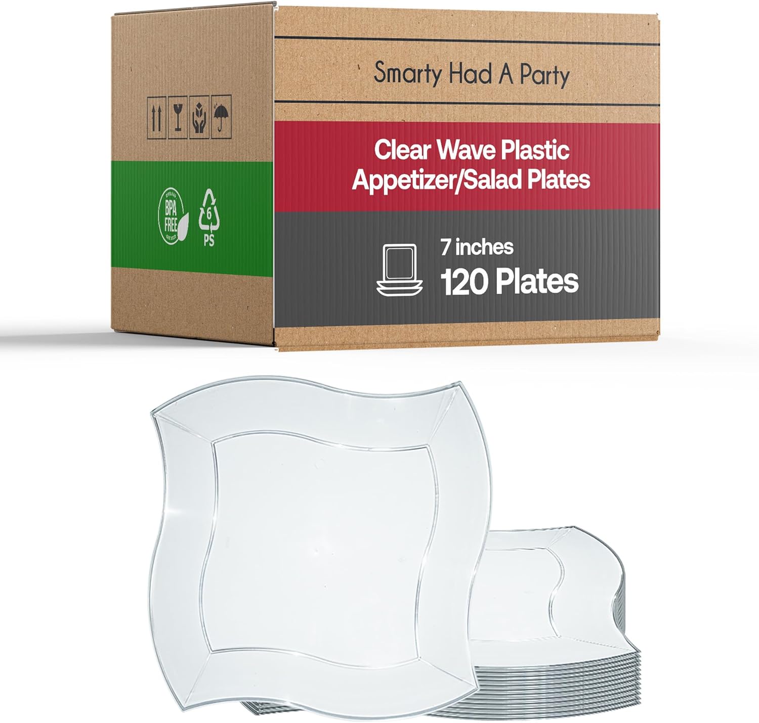 Smarty Had A Party 120 Elegant Disposable Plastic Dessert Plates, 7" Heavy Duty Clear Wave Salad and Appetizer Plates for Parties & All Occasions