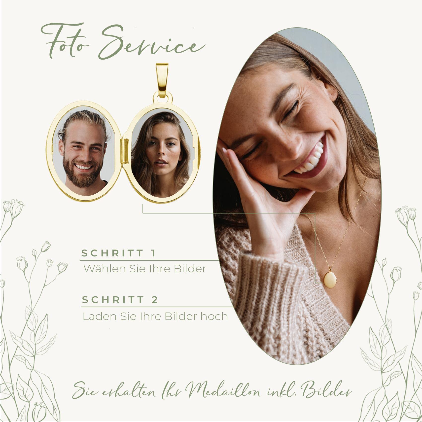 Damen Medaillon Oval zum Öffnen mit Bild Gold vergoldet, Amulett Anhänger | Medallion Aufklappbar, Kette personalisiert, Foto Upload-Service & Gravur