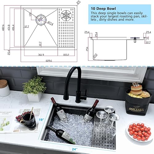 Vista 78 de Fregadero de barra de 21 pulgadas Undermount-VASOYO - Fregadero de cocina de montaje inferior de 21 x 17 pulgadas, estación de trabajo, barra