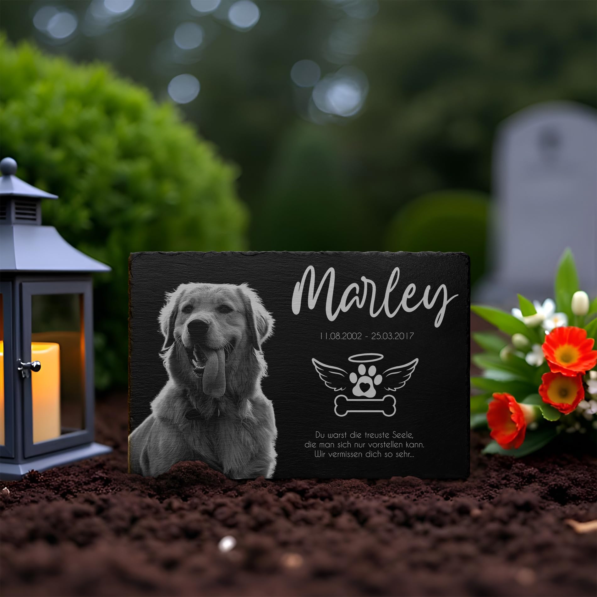 CHRISCK design Grabstein Hund und Katze aus Schiefer mit Gravur & Foto - 22x14 cm o. 30x20 cm - Wetterfester Grabschmuck - Katzen & Hunde Gedenkstein mit Bild & Motiven - Grabplatte Tiergrabstein
