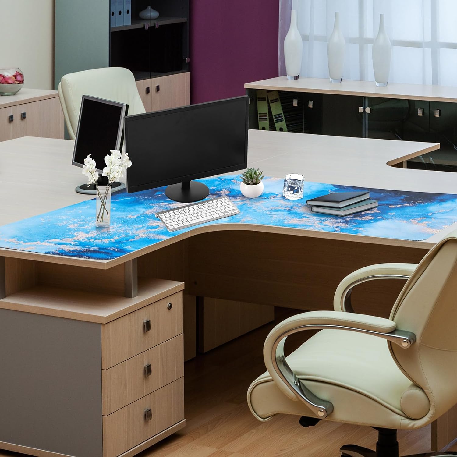 Relaxweex L Shaped Desk Mat for Corner, Large Extended Mouse Pad with Non-Slip Rubber Base, Blue Waterproof Desk Protector for Office & Gaming Setup