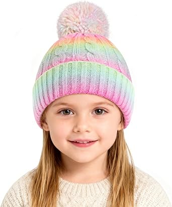 ZGDG Girls Boys Winter Beanie Hat with Pompom, Toddler Knitted Hat for Kids, Children Warm Colorful Cap 3-8 Years