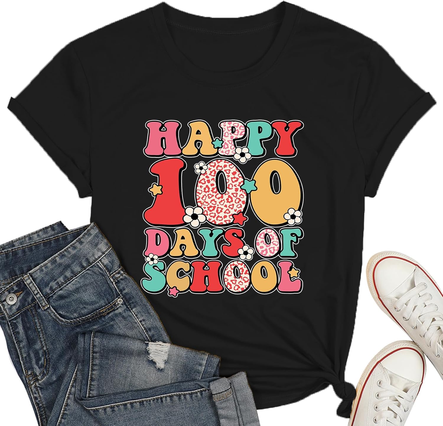 Happy 100 Days of School Shirt-Women Cute Flower Teacher Short Sleeve School Days Party Tops Tee