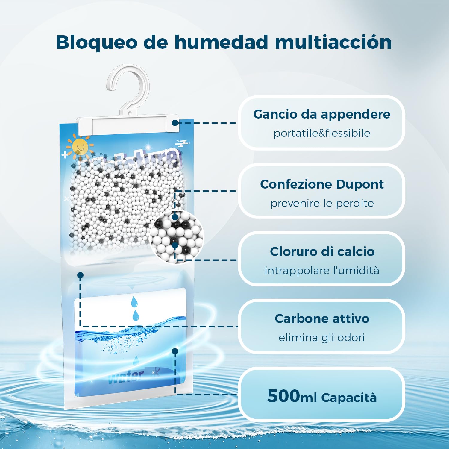 AROEVE Deumidificatore, 10 Confezioni x 150g Assorbitore di Umidità a Sospensione, Capacità 500 ml, Sacchetti Deumidificanti Antigoccia, Elimina gli Odori per Armadi, Credenze, Camere da Letto, Bagni
