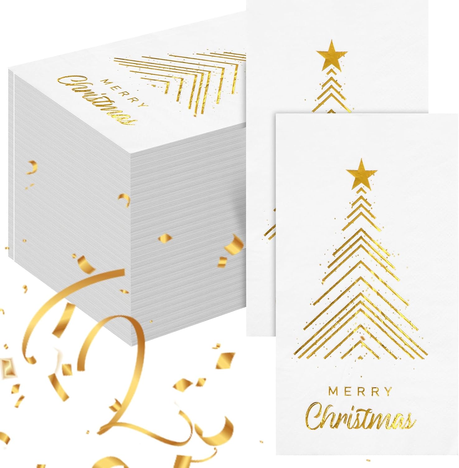 Jetec 100 Pcs Christmas Guest Napkins Gold Foil Christmas Napkins Paper Disposable Decorative Xmas Tree Hand Towels Paper for Party Lunch Dinner Home Bathroom Kitchen Winter Table(White)