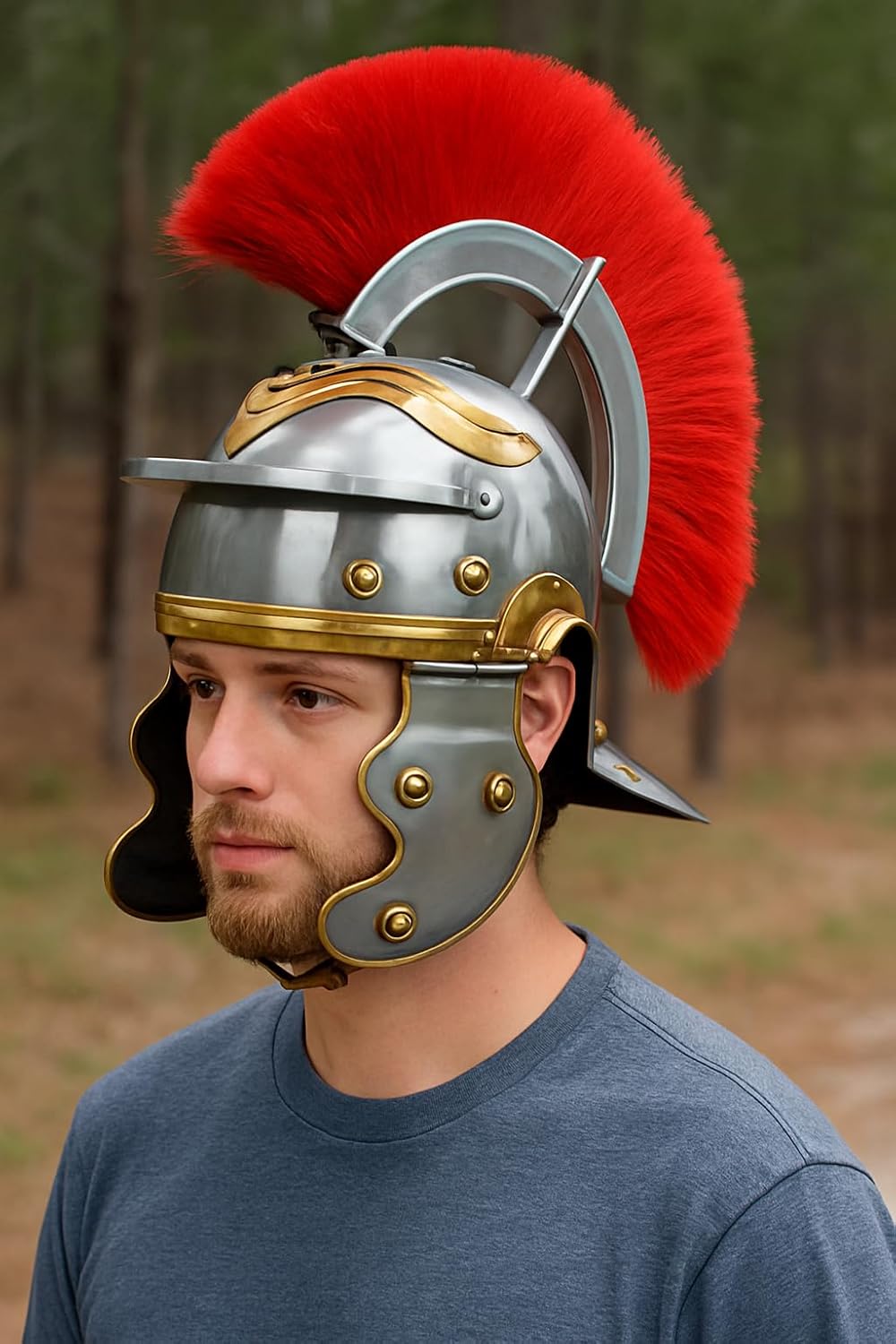 AnNafi Men's Roman Centurion Helmet Armor Red Plume| Medieval Metal Replica Helm| Soldier Costume, Metallic Silver, Red, One Size
