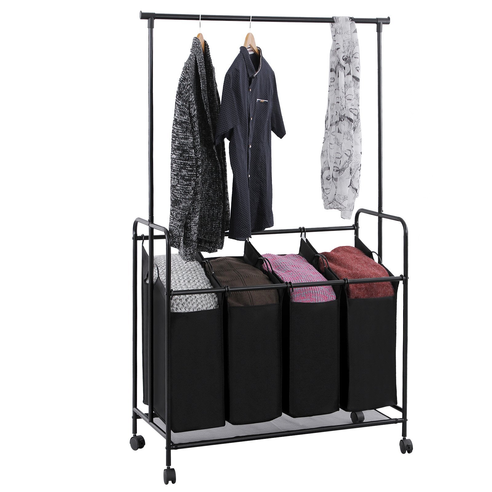 SONGMICS 4Bag Laundry Sorter, Rolling Laundry Cart with Hanging Bar