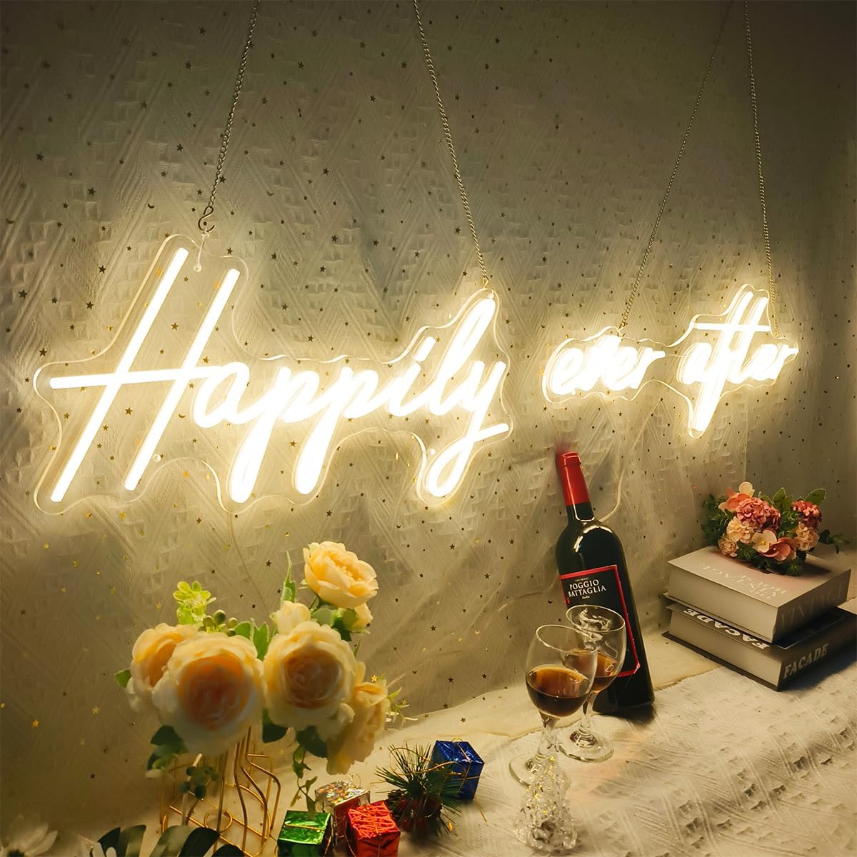 Happily Ever After Neon Sign Large, 42.5 Inch Neon Sign Wedding Happily Ever After with Remote Dimmer, Neon Lights for Bedroom, Wedding, Birthday, Bachelorette Party, Warm White