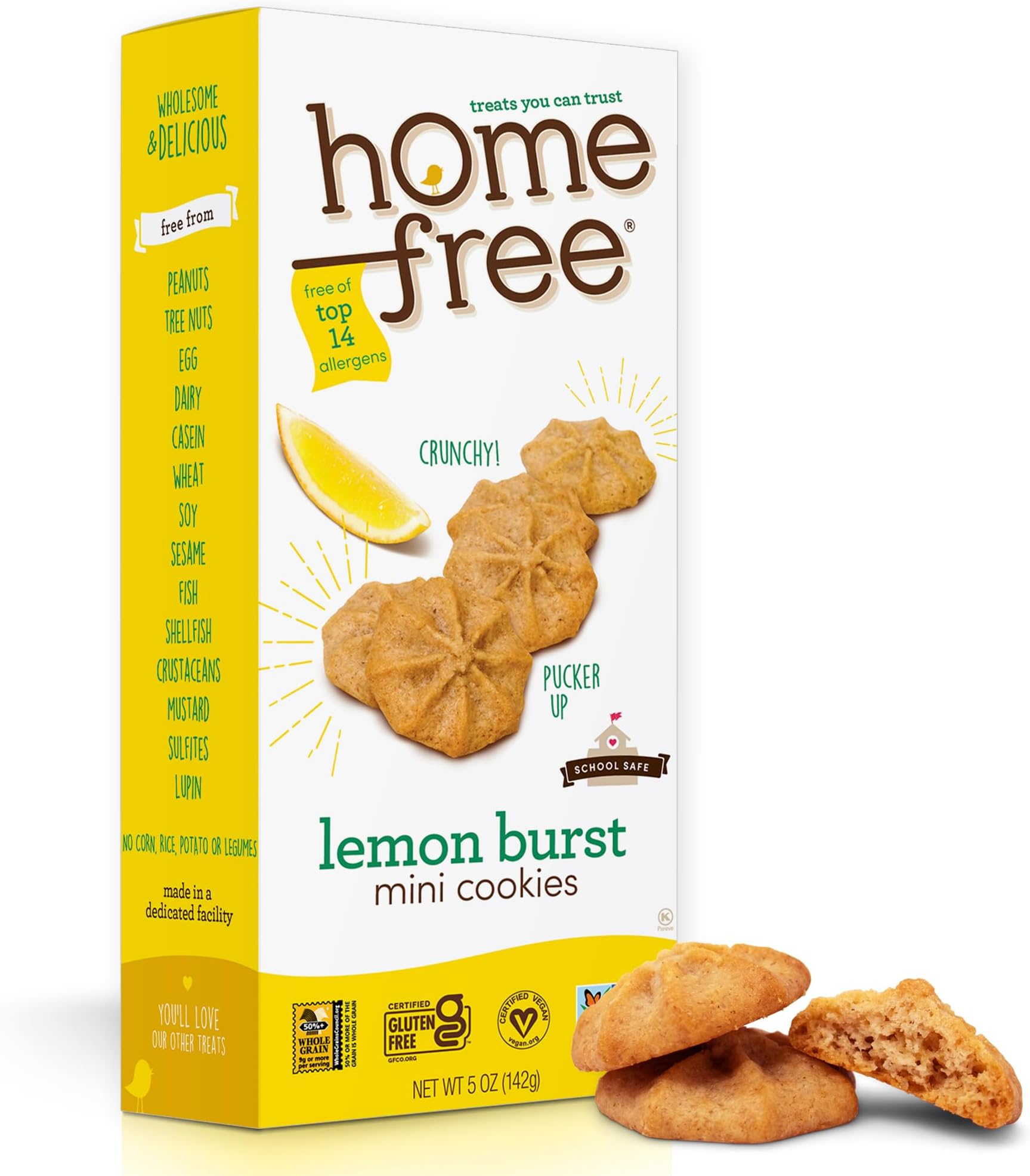 Homefree Mini Lemon Burst Cookies, Gluten Free, Nut Free, Vegan, School Safe and Allergy Friendly Snacks, 5 Oz Box (Pack of 1), Made In USA