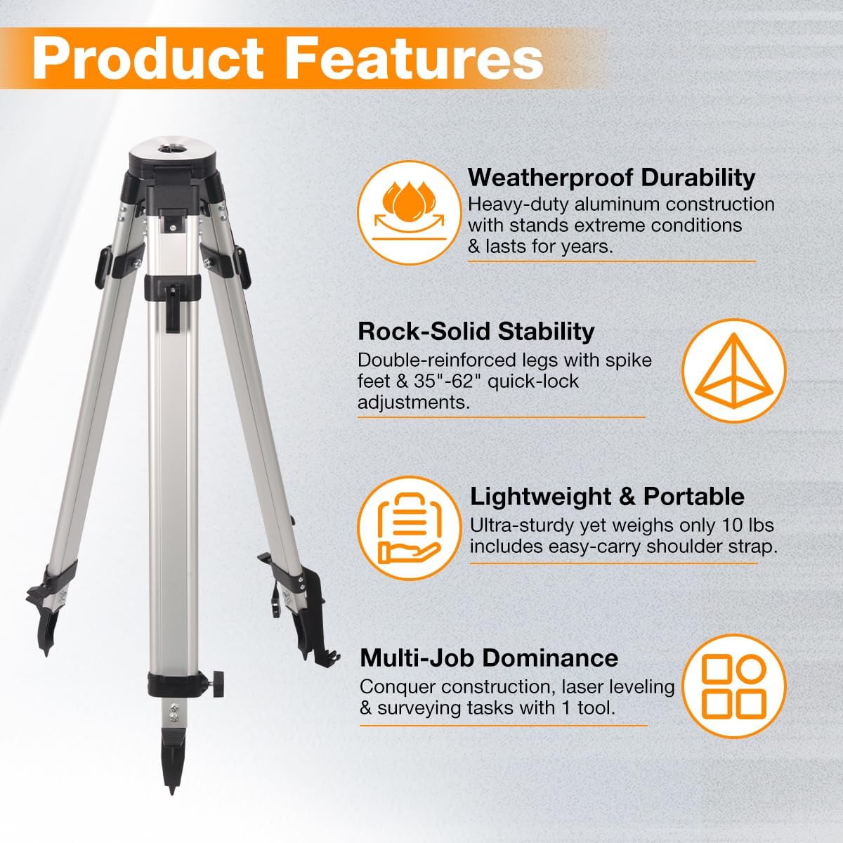 Surveying Tripod and Aluminum Grade Rod Combo - 66" Extended Height Tripod with 9 Feet Aluminum Grade Rod for Rotary Laser Level Transit Construction