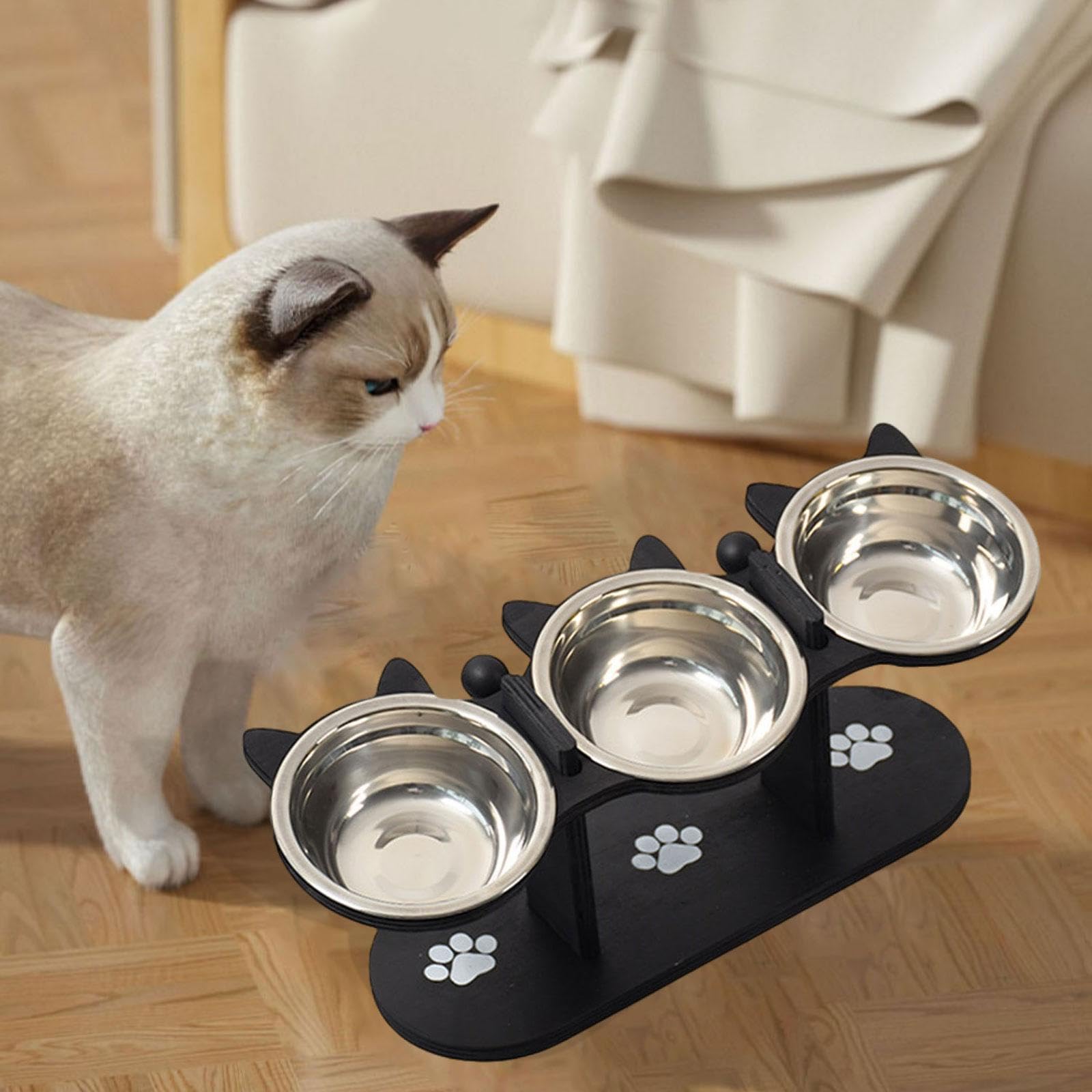 1 Cuenco Elevado para Gatos Y Perros Doble Función con Soporte de Madera Y Recipientes de Acero Inoxidable Removibles Adecuado para Mascotas, Negro, Individual