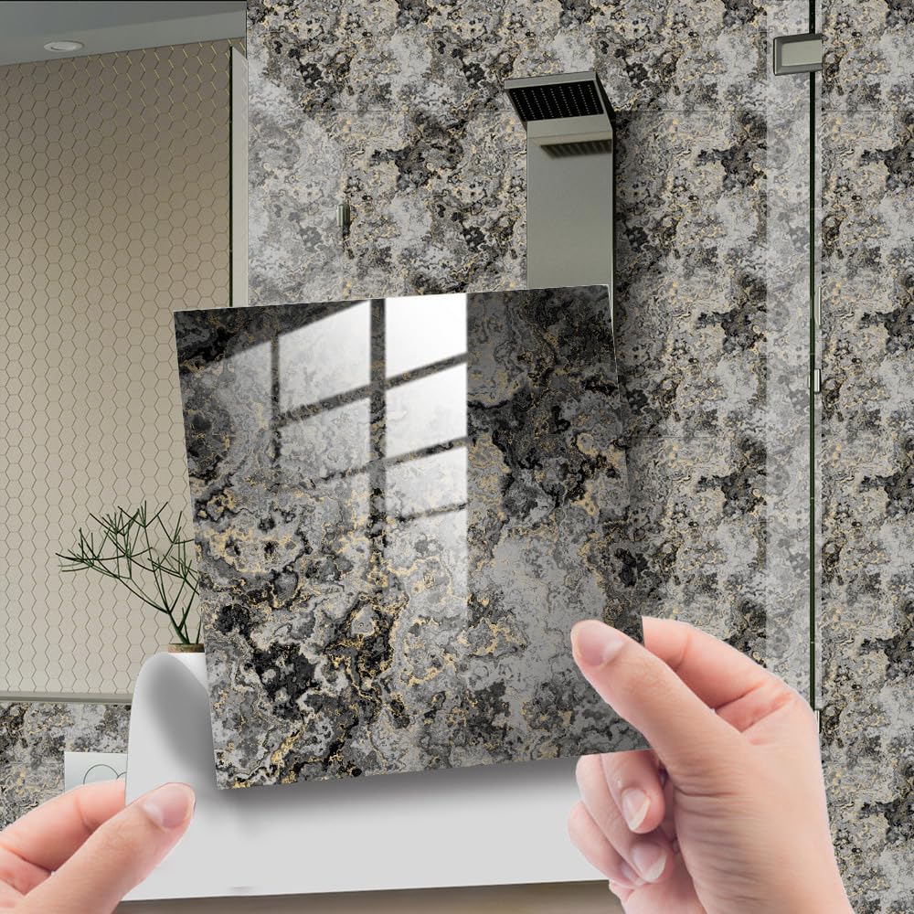 Lukery 20 PCS Stickers, Self Adhesive Wall Tiles for Kitchen Bathroom, Peel and Stick DIY Floor Marble Pattern Wall Tiles (Gray Marble, 10x10cm)