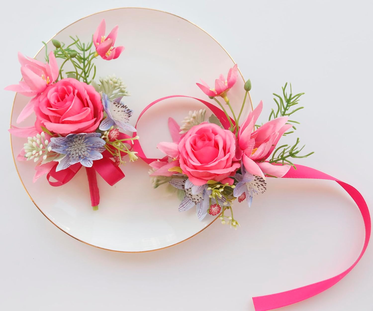 MAFELOE Wrist Corsage and Boutonniere Set Artificial Rose Flowers Accessories for Groom Bride Groomsmen Bridesmaids Wedding Party Prom Suit - Rose Red-2 Pieces - Image 4