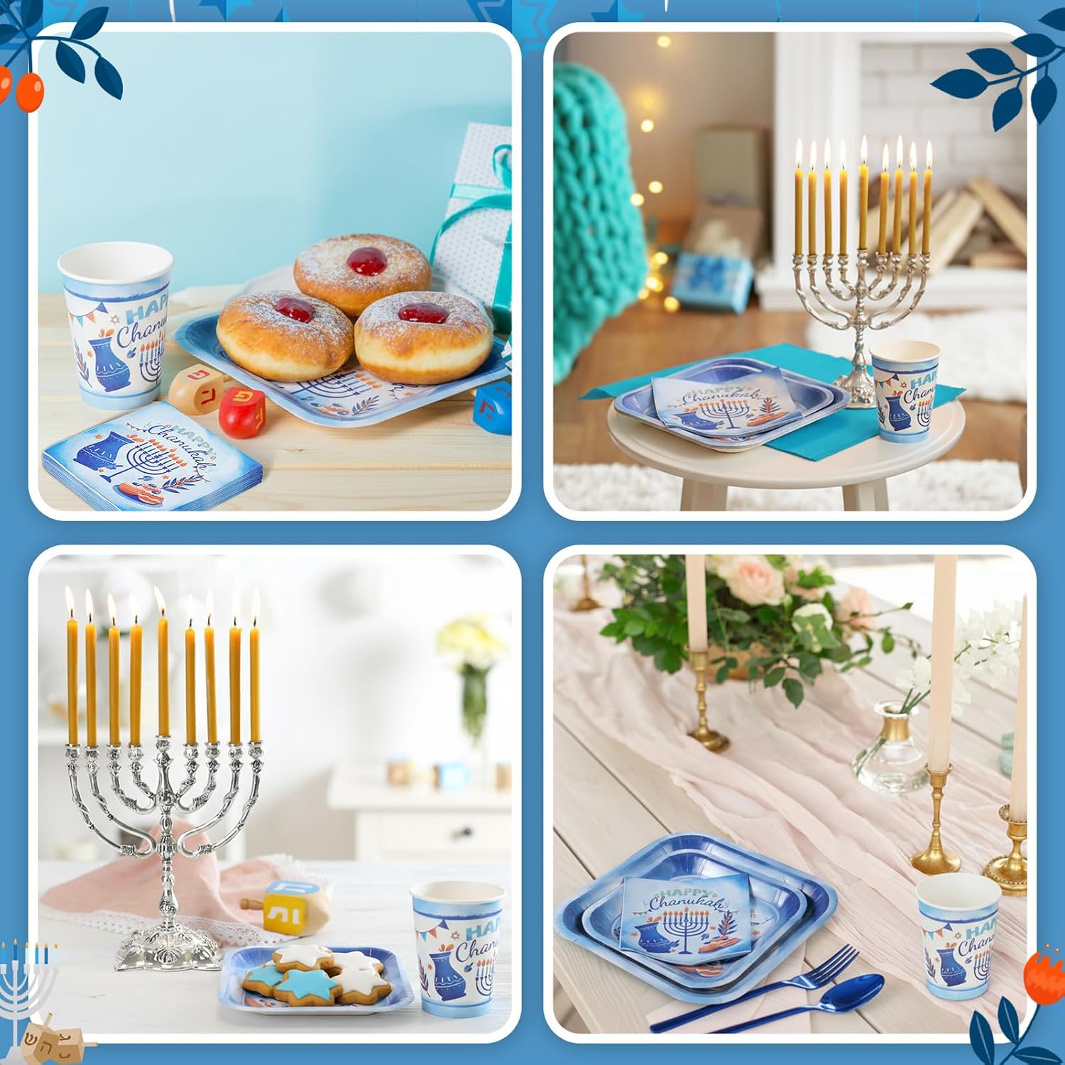 350 Pcs Happy Hanukkah Party Supplies for 50 Guests Chanukah Party Sets Include Paper Plates, Paper Cups, Napkins, Plastic Knives, Forks and Spoons Holiday Chanukah Dinner Goods Decorations