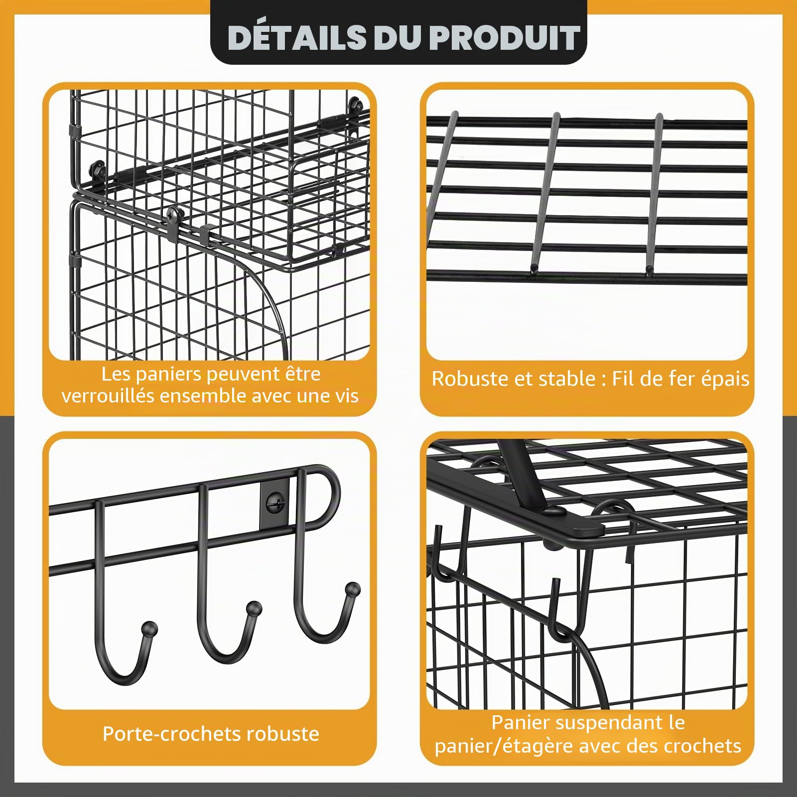 ThreeHio Lot de 2 étagères murales de Garage avec paniers métalliques, étagères murales de Garage Robustes avec Crochets, paniers d'étagère en Fil métallique pour l'organisation et Le Rangement de la