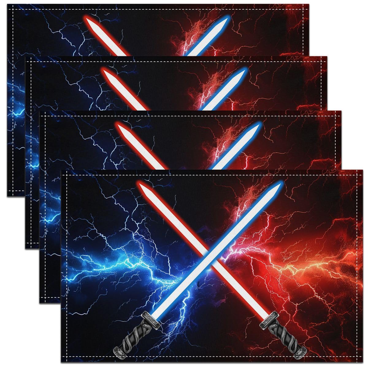 Blue Red Lightsaber Placemats Set of 4,Neon Glowing Lightning Glitter Table Place Mats,Video Games Modern Placemat for Kitchen Dining Table Decoration