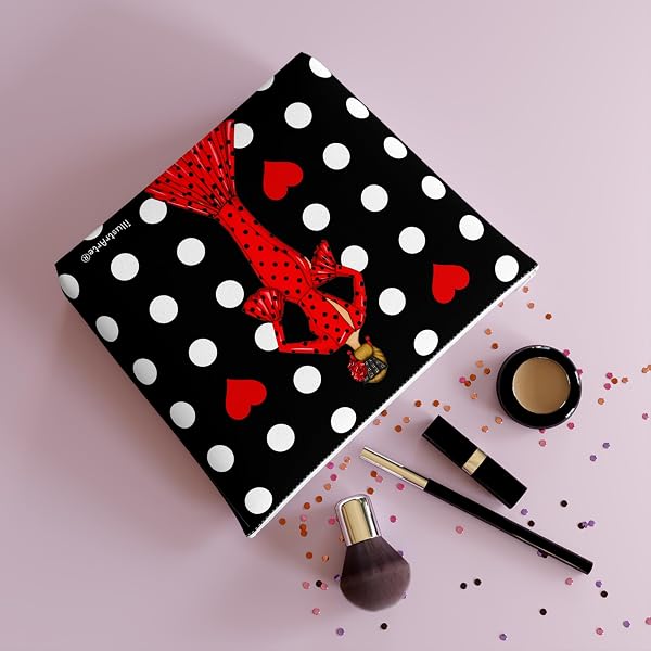 Trousse de Toilette Flamenco Sevilla « Maria Rouge » – Design Double Face – Fond Noir à Pois Blancs – 25x26 cm – imperméable – Trousse Femme ou Voyage - 4