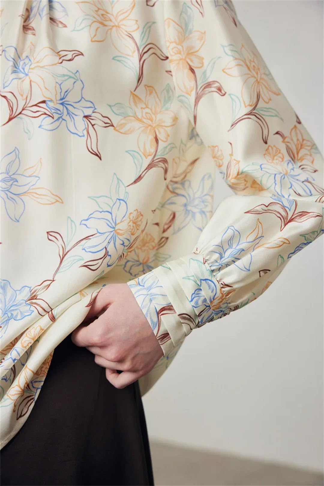Blusas florales para mujer, 100% seda real, cuello redondo, manga larga, elegante