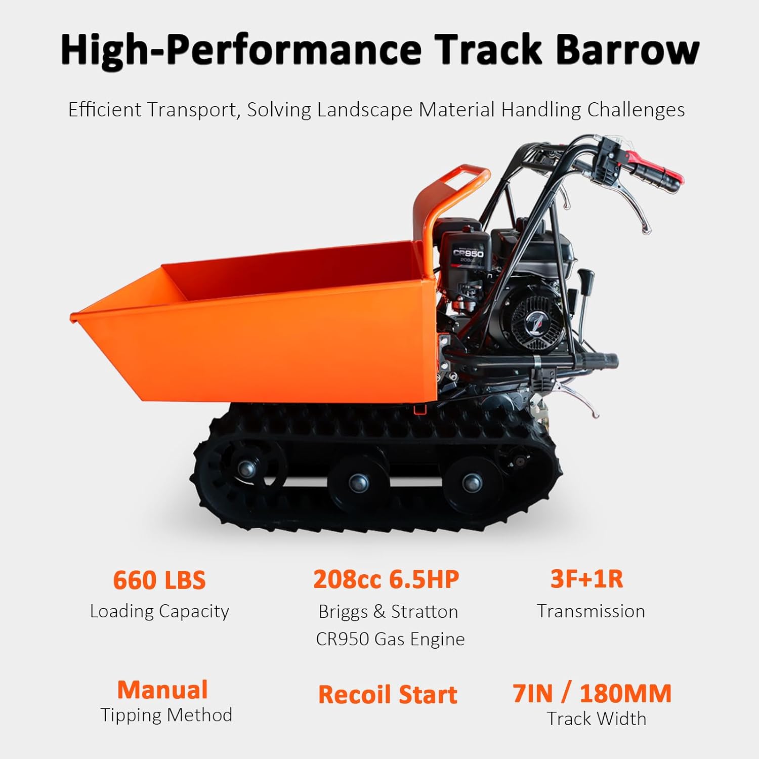 Gas Powered Track Barrow, 660 lb Loading Capacity, 6.5HPCR950 Engine, 208cc, 3 Forward + 1 Reverse Gears, Welded Steel Bucket (Orange-3, 660-pound Capacity Track Handcart)