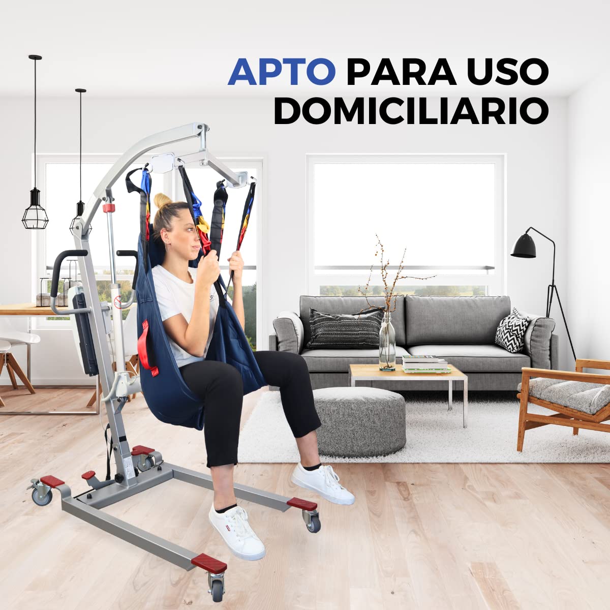 Mobiclinic®, Grúa para Personas Mayores Eléctrica, Plegable, hasta 180 kg, Estructura ya Montada, Incluye Arnés de Transferencia, Ancho Ajustable, Ruedas con Freno, Segura, Acero, Fortuna