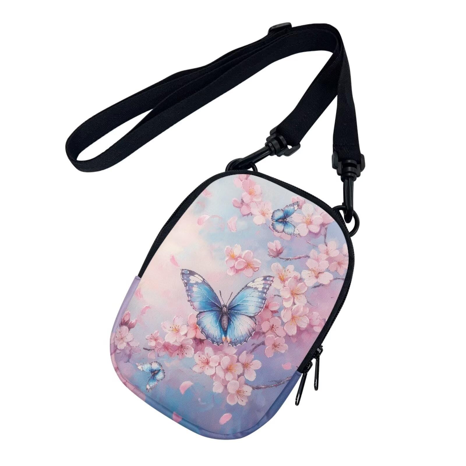 Suobstales Butterfly Cherry Blossom Print Cellphone Crossbody Purse for Women Small Shoulder Bag Messenger Bags Clutch Tote Bag with Zipper Pockets Stuff Sack Credit Card Holder