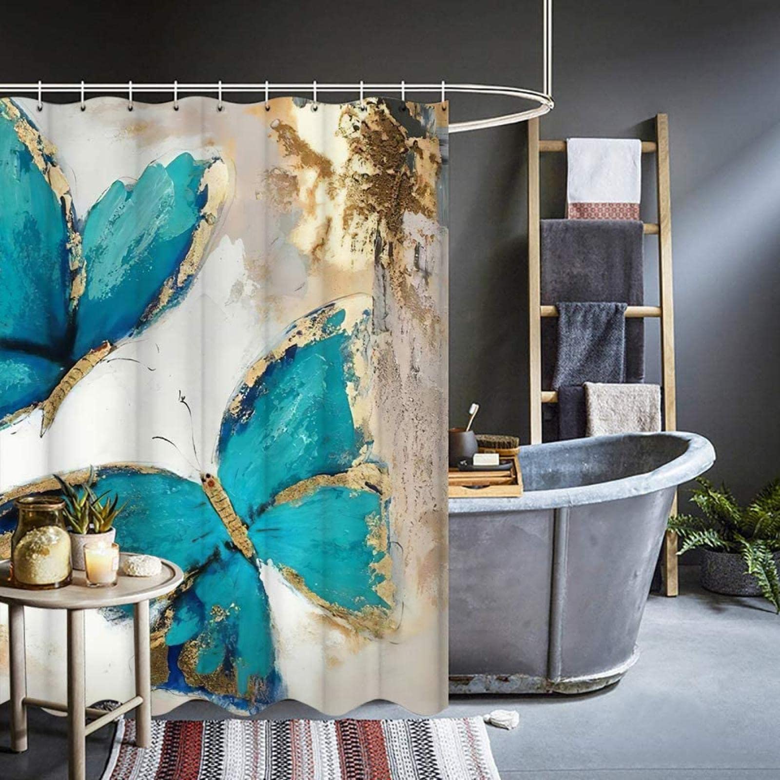 Tenda da doccia a forma di farfalla Tende da doccia moderne decorative Tessuto in poliestere impermeabile Tenda da doccia con ganci 300x200cm(118x79in)