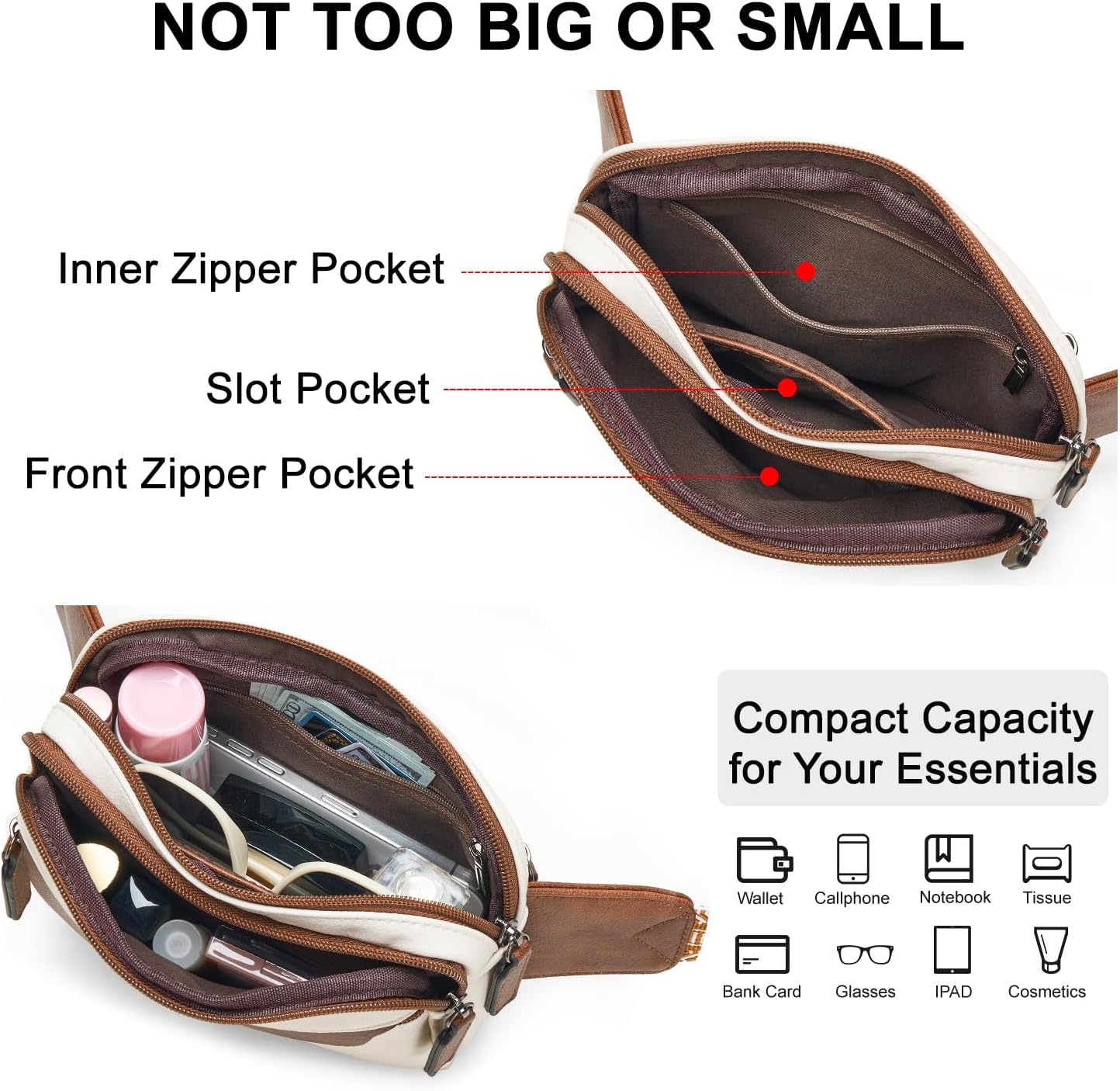 3L Fanny Packs for Women Cross Body Bag Vegan Leather Chest Belt Bag Fashion Waist Pack Small Bum Bag Crossbody for Travel Running Workout, Beige with Brown - Image 3