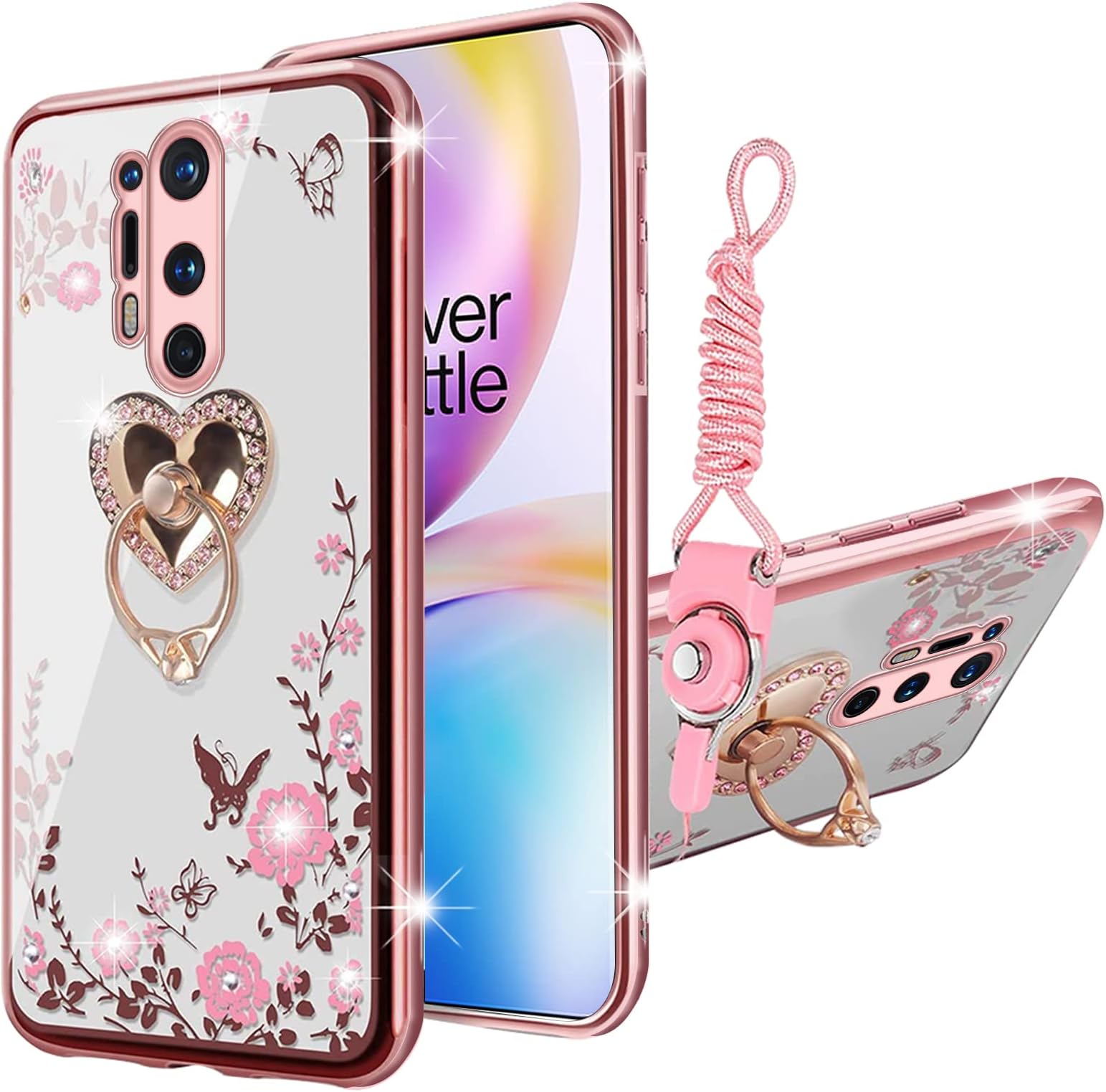 KuDiNi for Oneplus 8 Pro Case for Women Glitter Crystal Butterfly Heart Flower Soft TPU Luxury Bling Cute Protective Cover with Diamond Ring Kickstand Strap for Oneplus 8 Pro (Rose Gold)