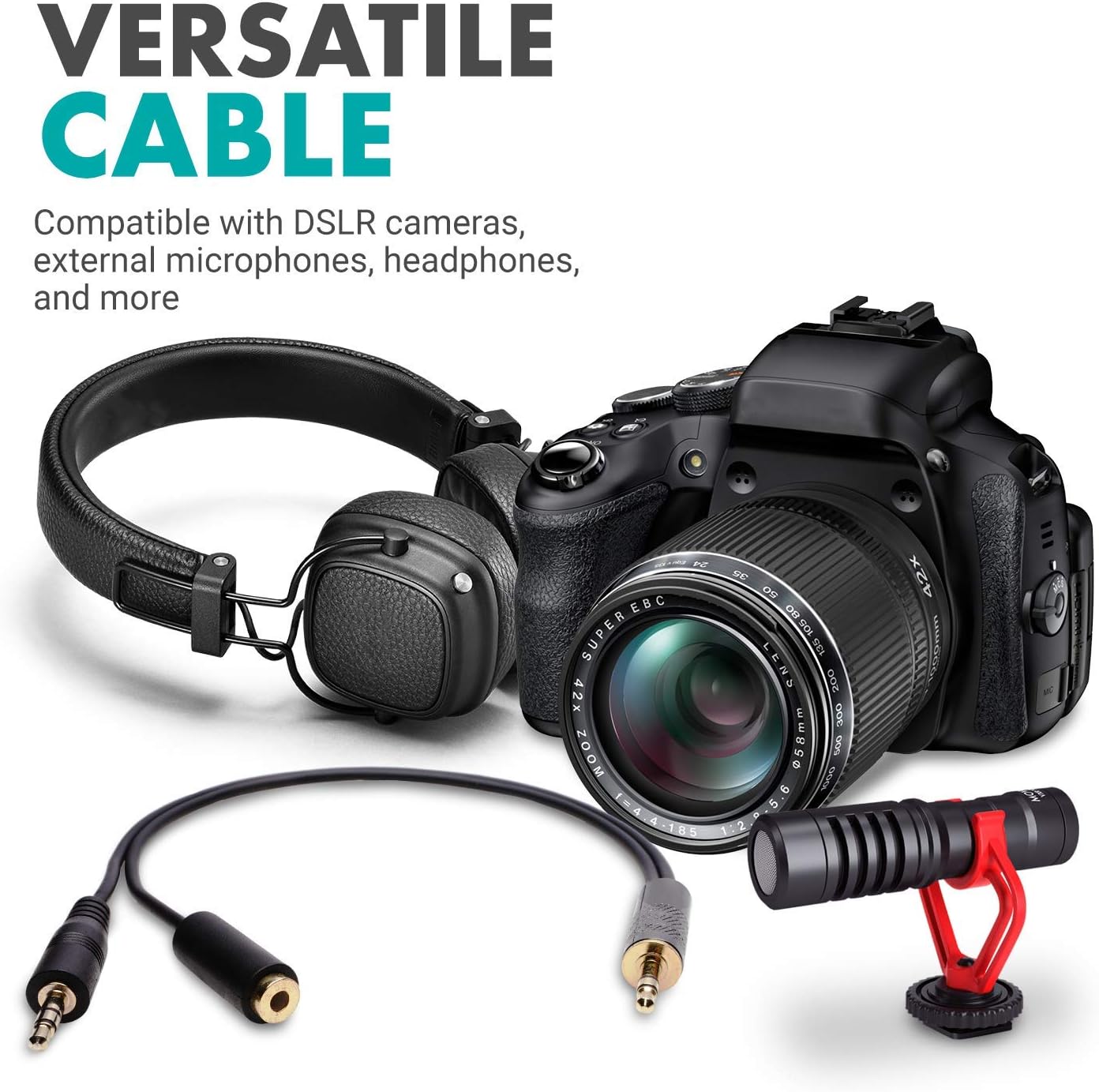 Movo MV-RC300 3.5mm TRS to TRS Line to Microphone Attenuator Cable (-25dB) with Headphone Monitoring for DSLR's, Zoom, Tascam, Mixers, and More