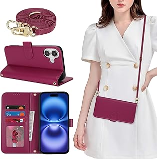 【Hamany】 対応 iphone 16 ケース 手帳型 スマホ ショルダー あいふおん16ケース ショルダーバッグ レディース カード収納 スタンド機能 マグネット式 スマホケース iphone 16 耐衝撃 耐久性 肩がけ 首掛け 斜め掛け ストラップ付き ショルダ -レッド