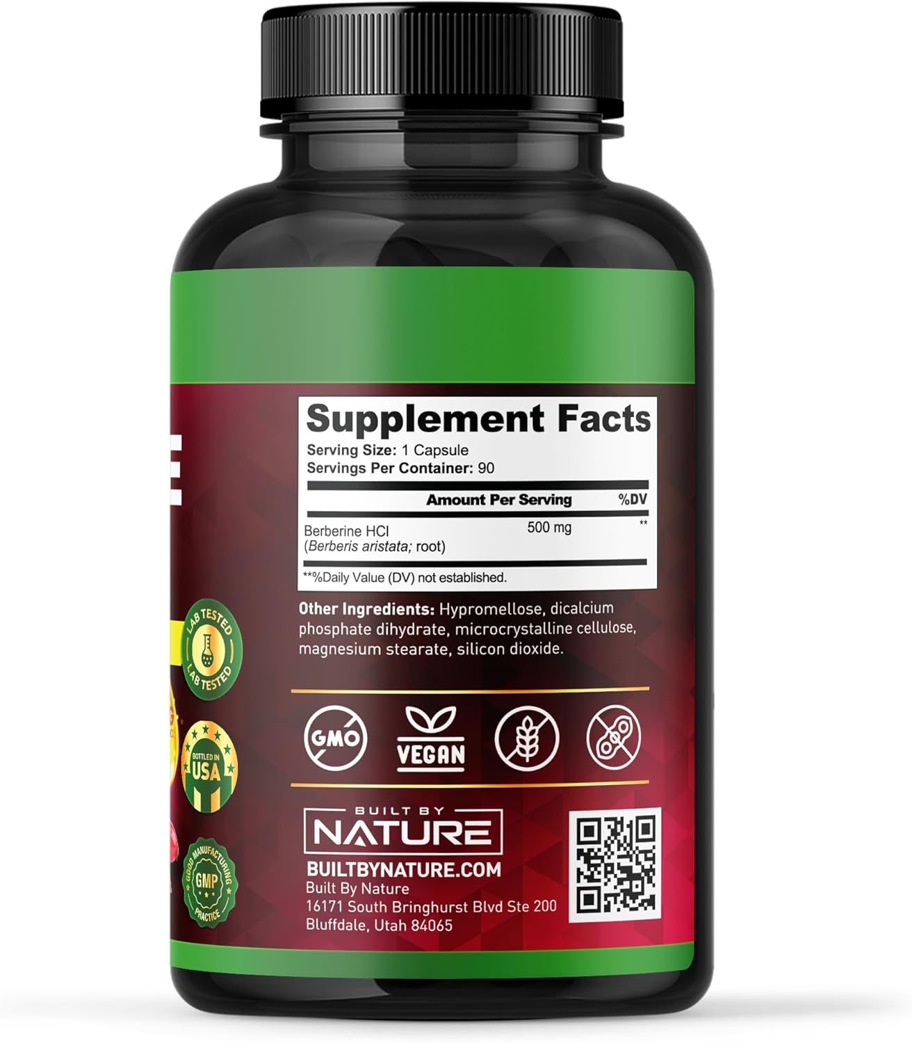 Built by Nature Berberine HCl 500 mg – Extra Strength AMPK Activator for Heart Support – Non-GMO, Vegan, Gluten-Free – 90 Veggie Capsules - Image 2
