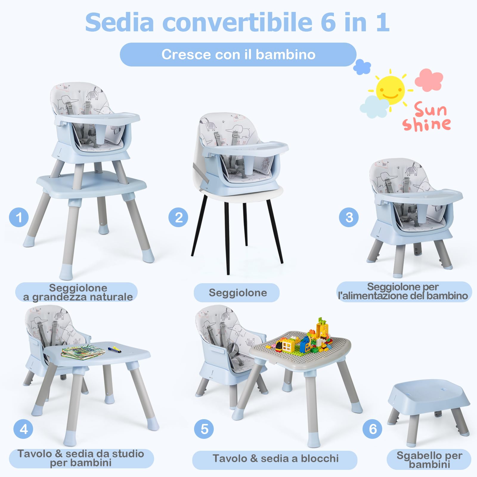 RELAX4LIFE 6 en 1 Trona Bebé con Arnes de 5 Puntos y Cojín Desmontables, Tronas de Bebe Portátil con Bandeja Ajustable y Extraíble, Mesa y Silla Infantil para Niños 6+ Meses, Carga 25kg (Azul)