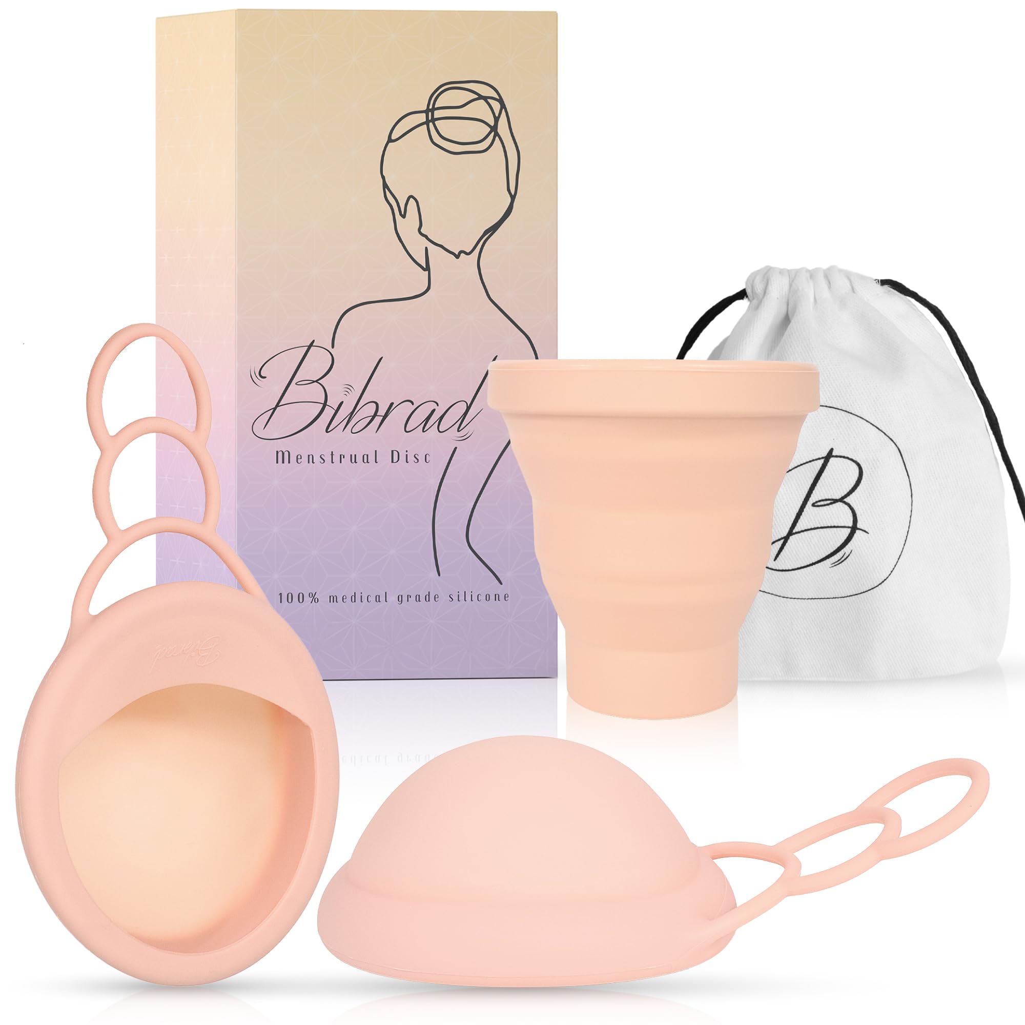 Disque menstruel Bibrad avec zone anti-goutte, poignée réglable et capacité de stockage accrue, 2 disques menstruels taille S et L, stérilisateur, sac et manuel (S-L DISC)