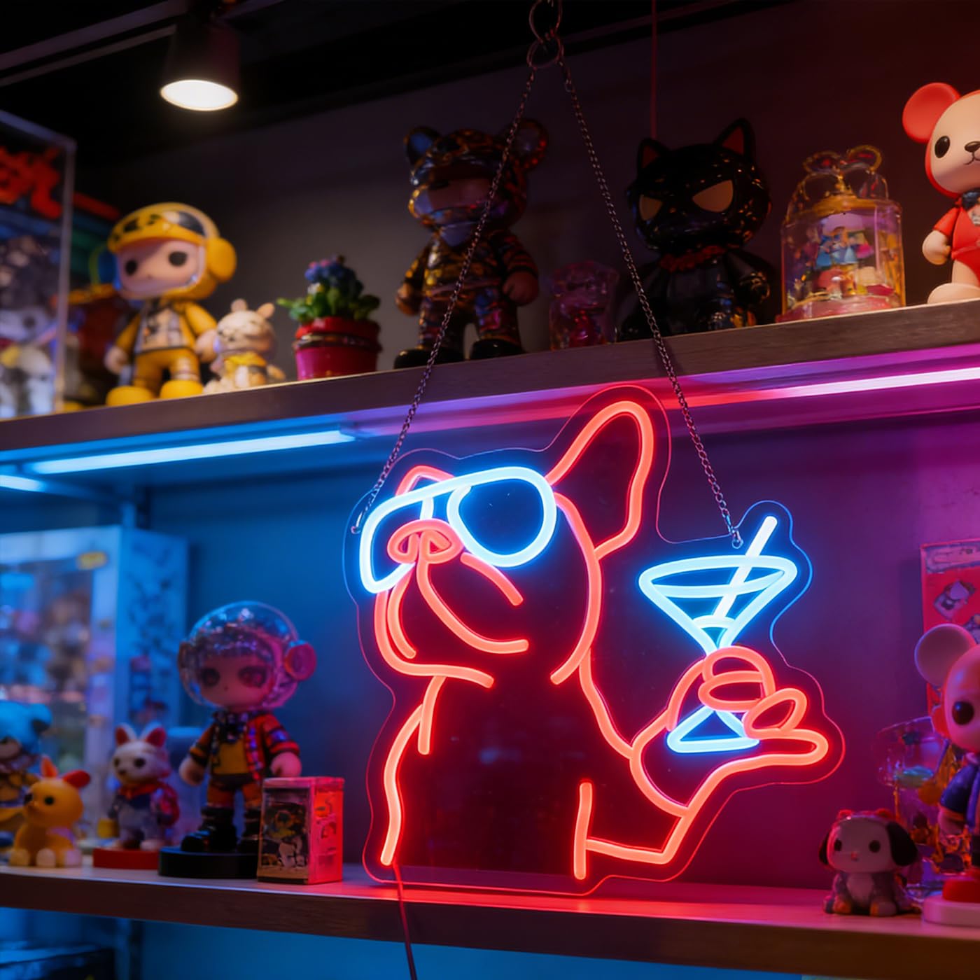 Luce al neon a LED con bulldog francese, insegna al neon per cocktail di cani, cartello a LED con vino di bulldog, decorazione da parete per stanza degli animali domestici, decorazione da parete per