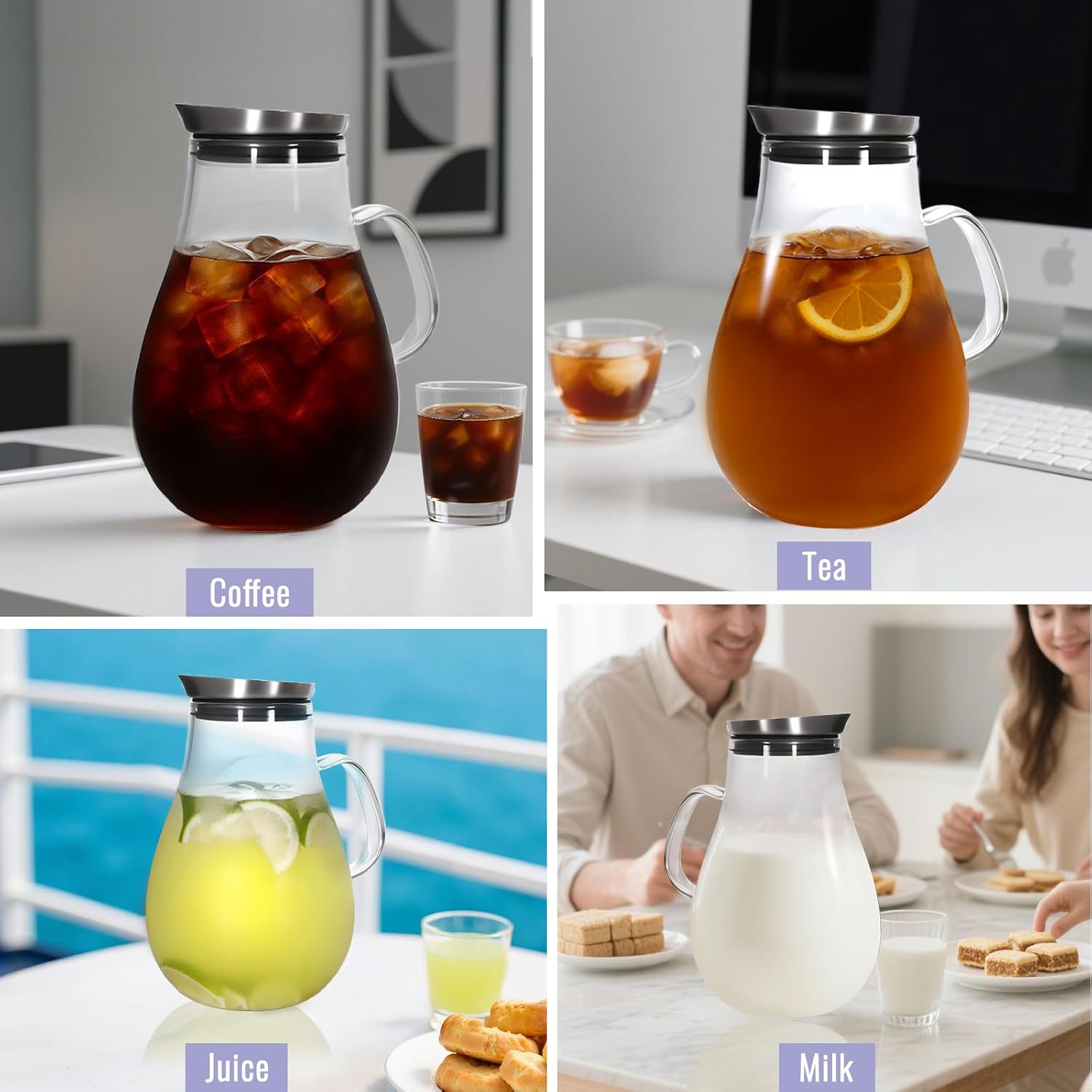 Glass Pitcher With Lid, 2.5 Liter 85 oz Glass Water Pitcher For Fridge, 0.66 Gallon Pitchers With Handle And Lid, Tea Jug Carafe Jar For Hot/Iced Water Milk Juice Coffee Fruit - Image 3