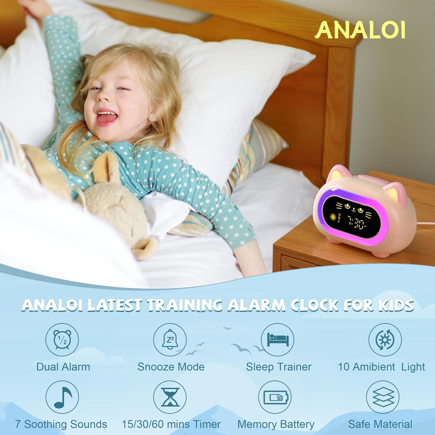 Alarm Clock for Kids, Kids Alarm Clocks for Girls with Sleep Training Dual Alarm Eye Protection Auto Off Timer 10 Color Night Light, Cat Ok to Wake Clock, Gifts for Kids Girls