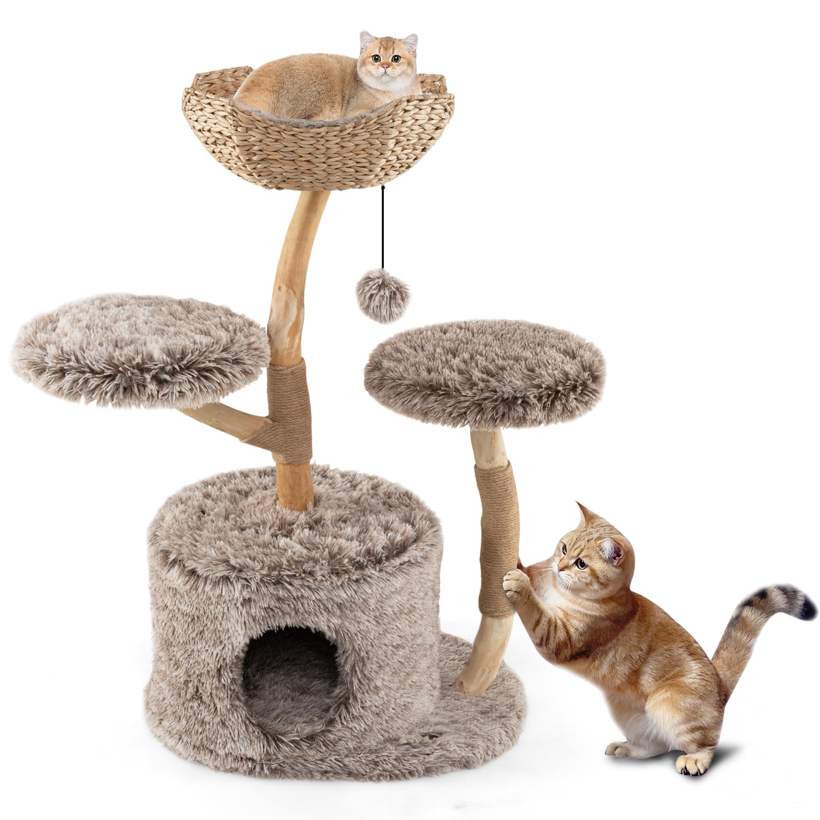 COSTWAY Wooden Cat Tree, Multi-Layer Cats Tower with Jute Scratching Posts & Top Perch, Modern Cat Activity Center for Indoor Cats Kittens (60 x 60 x 105cm, Brown) — image 1