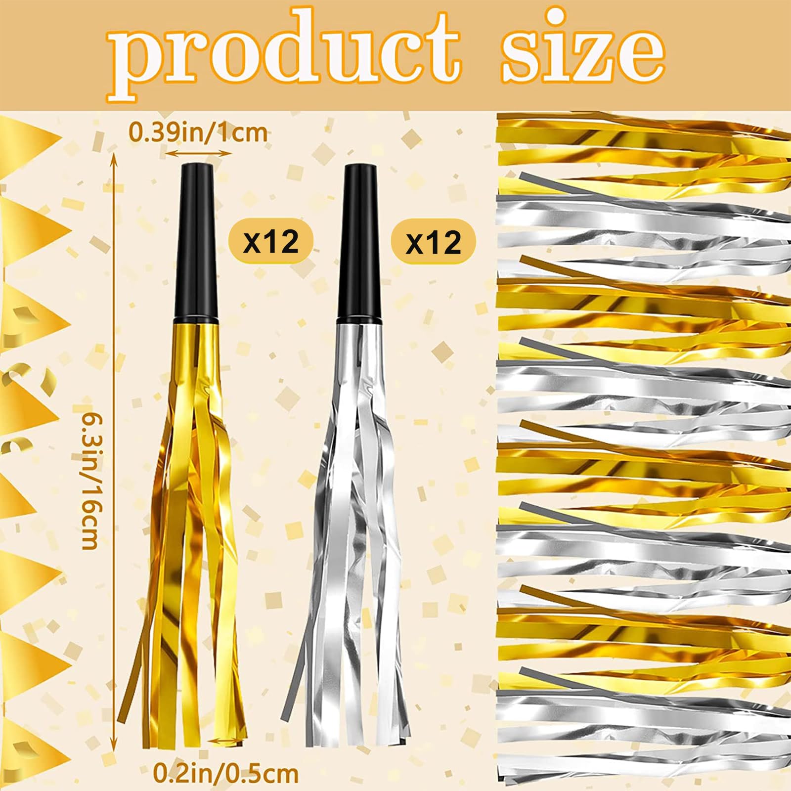 24 Pieces Gold Silver Noise Makers Glitter Noise Makers Metallic Fringed Party Blowers for Adults Birthday Graduation Sporting Events New Years Eve Party Supplies 2025