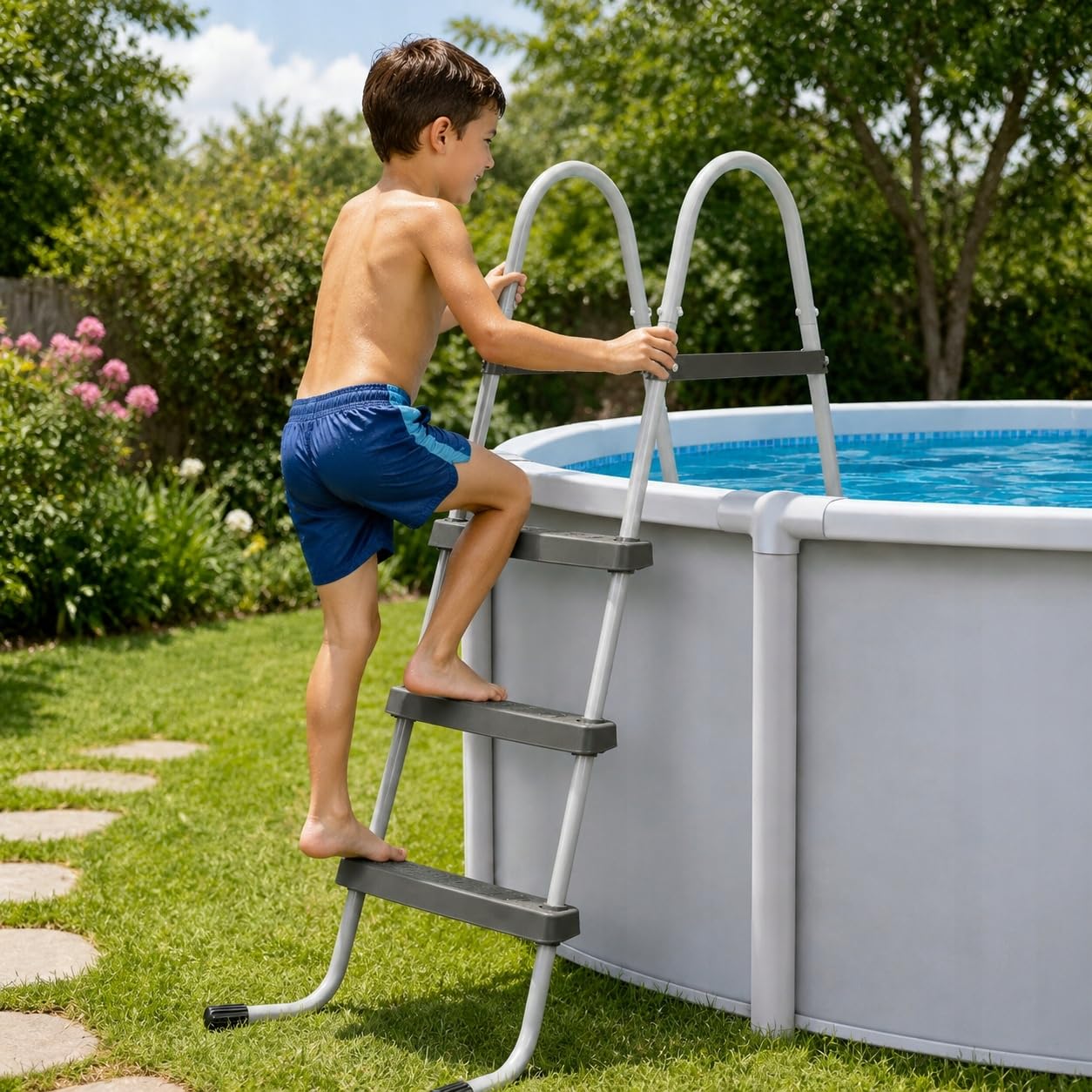 Échelle de piscine stable en métal jusqu'à 107 cm, escalier de sécurité avec larges marches