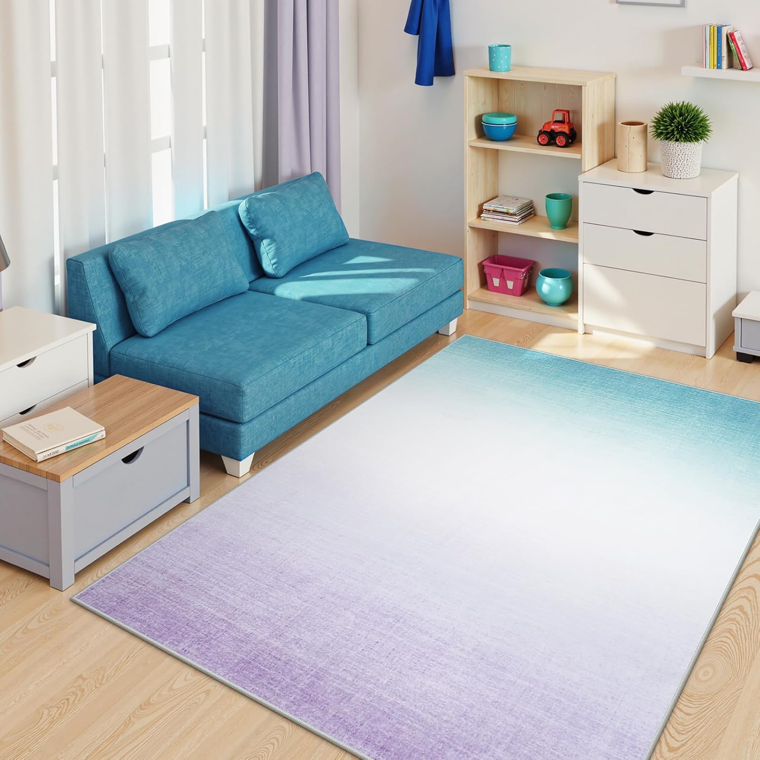 Machine Washable 5x7 Area Rugs for Living Room Ombre, Non Slip Purple Soft Low Pile Abstract Modern Cute Girls Rugs for Bedroom Indoor, Large Carpet Playroom Nusrery Kids Dining Office Room Rugs