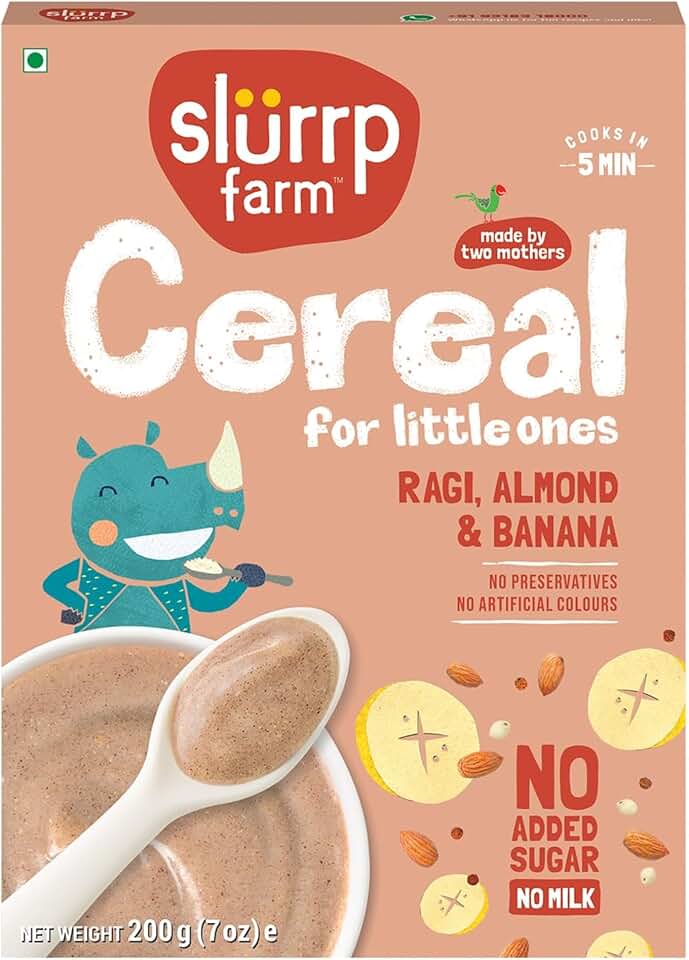 Slurrp Farm Multigrain 嬰兒 Cereal | Ragi, Almond & Banana | No Added Sugar, No Milk, No Preservatives | High 於 Fiber & Protein | Healthy & 輕鬆-至-Digest Food 適用於 Toddlers | 7.05 盎司 (200g)