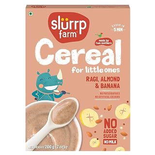 Slurrp Farm No Added Sugar, No Salt Ragi, Almond and Banana Cereal | 100% Sprouted Ragi | Healthy Cereal | No Milk | No Preservatives, 200g