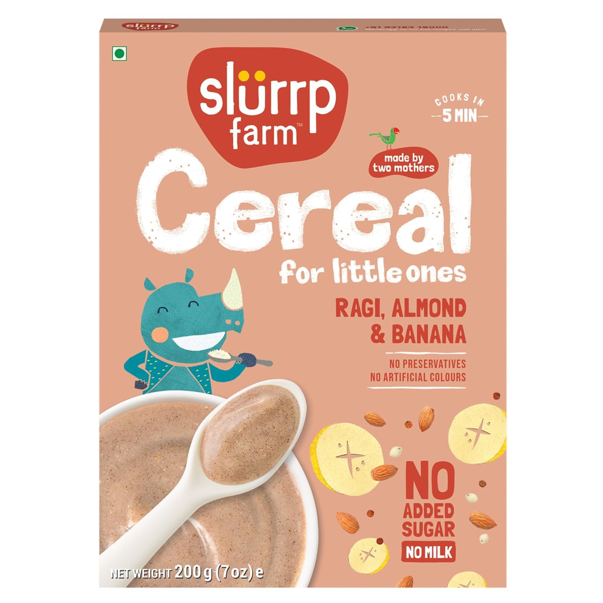 Slurrp Farm Finger Millet, Almond & Banana Cereal, 100% Natural, High In Calcium, Vegan, Gluten Free Grains, 200G