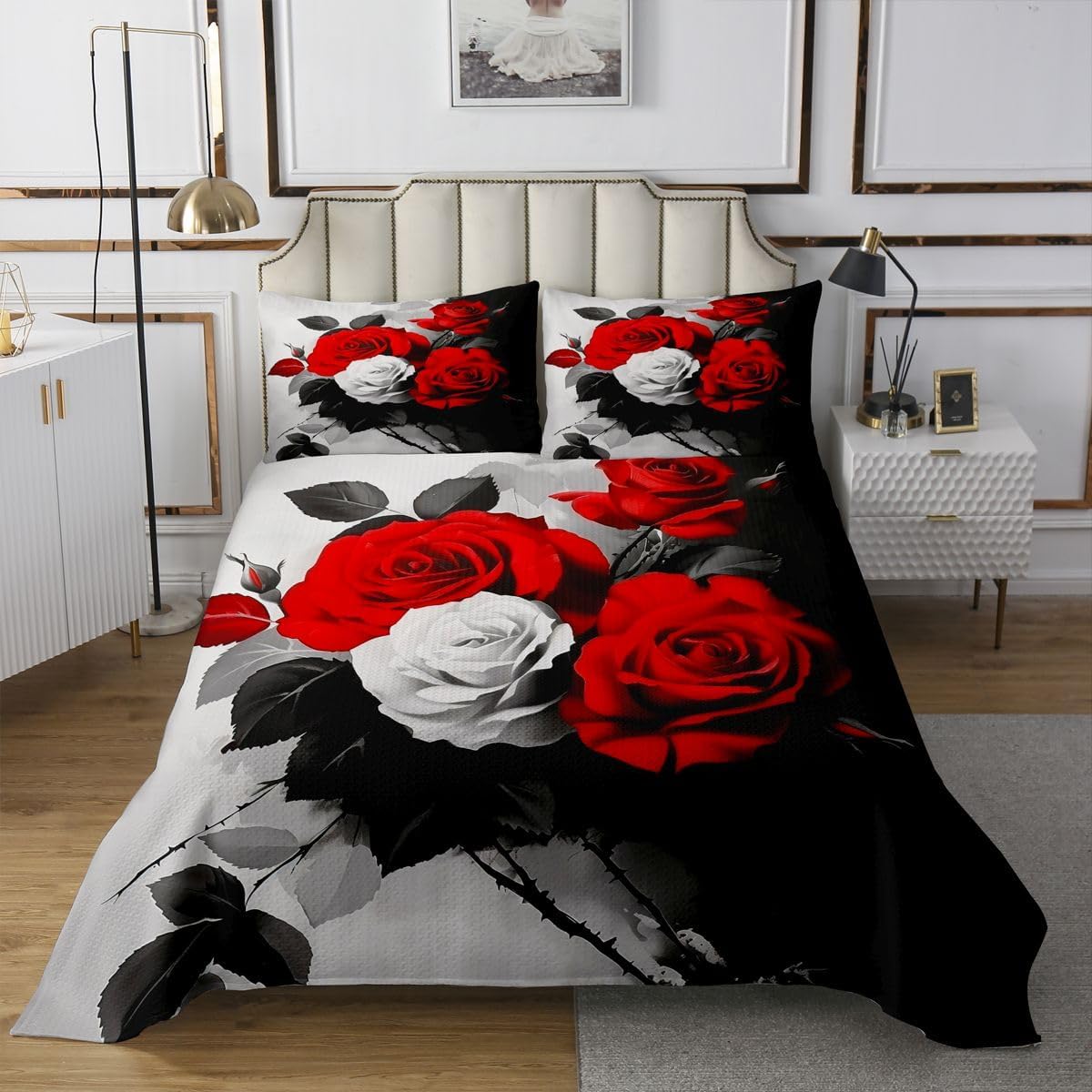 jejeloiu Valentine's Day Bedspread Quilts Red Rose Coverlet Set Queen Size for Kids Boys Girls Lover Romantic Flowers Quilted Coverlet for All Season with 2 Pillowcases Gothic Roses Microfiber