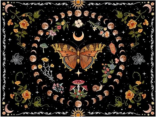 Miniatura 11 de Aipon Tapiz de flores de mariposa azul botánico bohemio para colgar en pared para dormitorio y sala de estar (36.00 pulgadas, 48.00 pulgadas, azul)