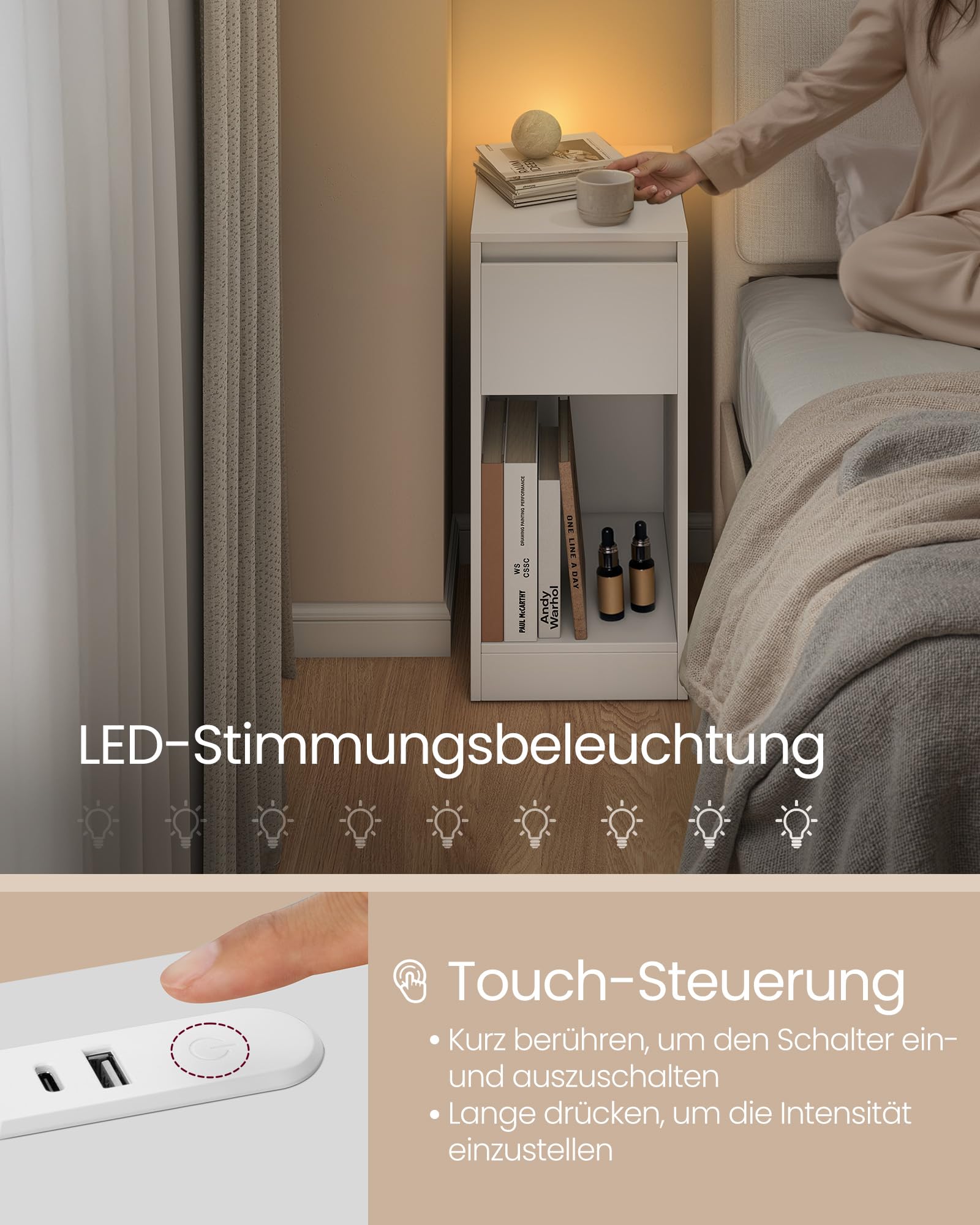 VASAGLE Nachttisch 2er Set, schmal, Beistelltisch, LED-Beleuchtung, 1 USB-A-Anschluss, 1 USB-C-Anschluss, Schublade, offenes Fach, für Schlafzimmer, Wohnzimmer, wolkenweiß LET710W01