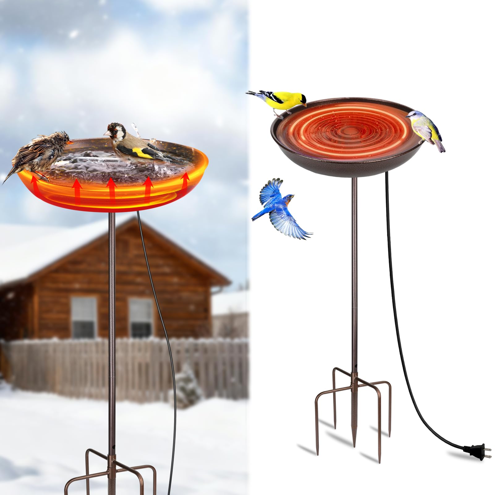 Beheizte Vogeltränke mit 100 W – 89,9 cm hohe Eisen-Vogeltränke mit Warmwasserbereiter und Enteiser, 5-Zinken-stabiler Boden, hervorragende Wärmeleitung für Hof/Garten